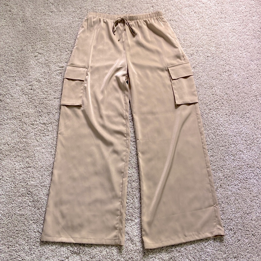 Mimosa • Tan High Rise Drawstring Wide Leg Satin Pants